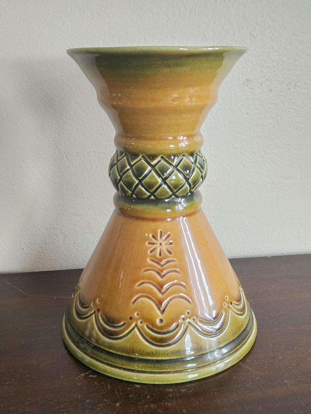 Vintage West German Pottery Vase Bay Keramik Orange Green Relief Signed MCM